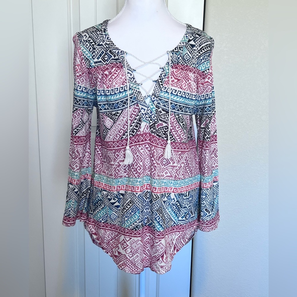Lucky Brand Multicolor Aztec Criss Cross Lace-Up Tassel Boho Tunic Sz Medium